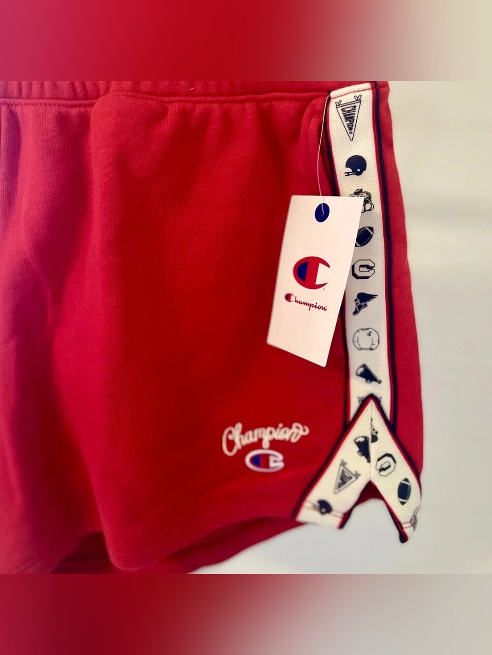 Champion Women’s Large Red Athletic Shorts Side Tape Logo French Terry NWT - Picture 6 of 8